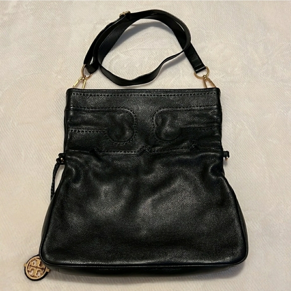 Tory Burch Designer Amalie Foldover Messenger Black Leather Crossbody Purse Bag - Picture 3 of 10